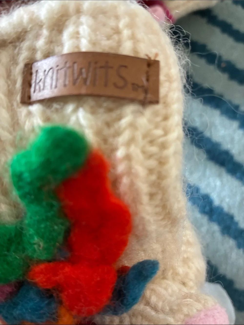 Cream Hand-Knit Kids Mittens with Colorful Pom Flower Accents